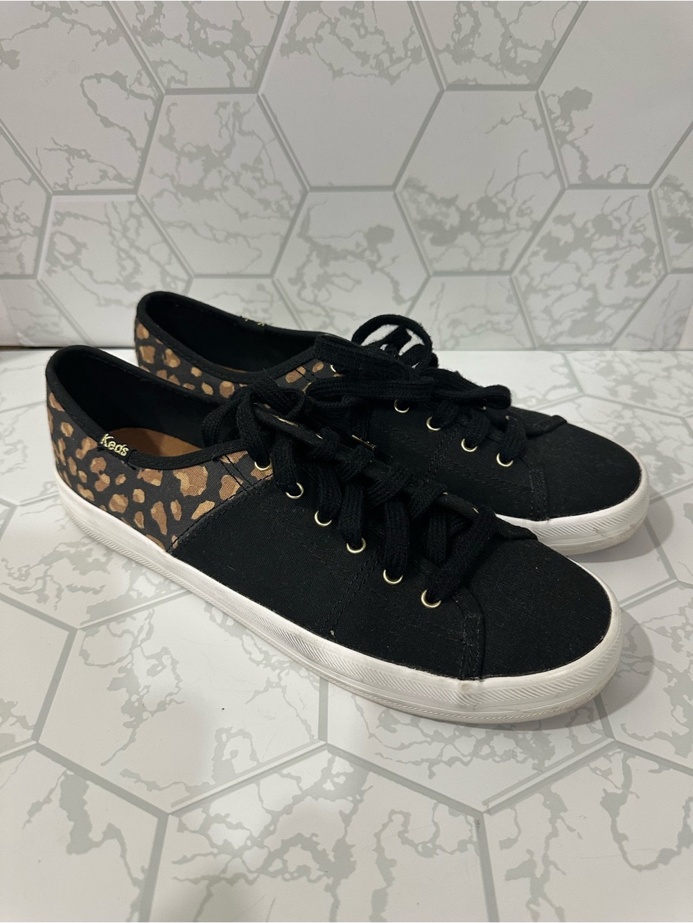 Keds Black Canvas Sneakers with Leopard Heel Accent